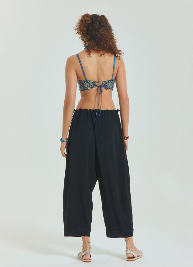 Rope Detailed Adjustable Waist Black Women's Viscose Trousers 4581